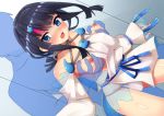  1boy 1girl bangs bare_shoulders black_hair blue_eyes blue_ribbon blush breast_grab breasts breasts_outside collarbone dress fate/grand_order fate/requiem fate_(series) fundoshi grabbing highres japanese_clothes jewelry kyon_(pixiv37544498) long_sleeves looking_at_viewer magatama magatama_hair_ornament medium_breasts medium_hair multicolored_hair necklace nipples pelvic_curtain pink_hair puffy_long_sleeves puffy_sleeves ribbon short_dress sideless_outfit streaked_hair thighs utsumi_erise white_dress 