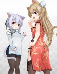  2girls animal_ears bangs black_ribbon blue_eyes blush braid breasts brown_hair brown_legwear cat_ears cat_girl cat_tail china_dress chinese_clothes closed_mouth commentary_request detached_sleeves dress eyebrows_visible_through_hair hair_between_eyes hair_ribbon hand_up highres long_hair long_sleeves looking_at_viewer medium_breasts multiple_girls original pantyhose paw_pose red_dress red_eyes ribbon short_sleeves silver_hair sleeveless sleeveless_dress sleeves_past_wrists smile sora_(silent_square) striped_tail tail thighband_pantyhose thighhighs very_long_hair white_dress white_sleeves 