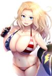  1girl american_flag_bikini bikini blue_eyes breasts collarbone flag_print girls_und_panzer highres huge_breasts ibara_azuki kay_(girls_und_panzer) long_hair looking_at_viewer navel signature simple_background skindentation smile soda_bottle solo swimsuit white_background 