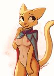  2020 anthro bethesda_softworks blush breasts enginetrap felid female fur genitals hi_res katia_managan khajiit light lighting looking_away mammal mostly_nude navel nipples open_mouth open_smile prequel pussy simple_background smile solo the_elder_scrolls video_games webcomic white_background yellow_body yellow_fur 