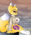  absurd_res angelface anthro big_breasts breasts cleavage_cutout clothing digimon digimon_(species) dipstick_tail eyewear female glasses hi_res keyhole_turtleneck multicolored_tail nipple_outline panties sitting solo sweater taomon thick_thighs topwear underwear 
