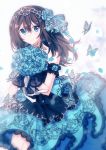  1girl armband black_hair blue_dress blue_eyes blue_flower blue_rose blurry blurry_background bug butterfly dress earrings eyebrows_visible_through_hair flower gloves gocoli hair_between_eyes hair_flower hair_ornament hairband highres holding holding_flower idolmaster idolmaster_cinderella_girls insect jewelry lace lace-trimmed_dress long_hair looking_at_viewer necklace petals rose sagisawa_fumika sidelocks smile solo tareme 