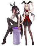  1boy 1other ahoge animal_ears black_pants black_ribbon black_skirt black_vest brown_legwear bunny_ears closed_eyes dark_skin dark_skinned_male fake_animal_ears hair_ribbon long_hair long_sleeves nemo_(pixiv_fantasia_age_of_starlight) omnis_(pixiv_fantasia_age_of_starlight) pants pantyhose pixiv_fantasia pixiv_fantasia_age_of_starlight ribbon shirt sidelocks sitting skirt sleeveless standing sweatdrop tori_(10ri) vest white_shirt wrist_cuffs 