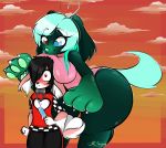  angelface anthro big_breasts blush breasts canid canine duo female food green_body hair hair_over_eye heterochromia hi_res larger_female lily_(angelface) male mammal one_eye_obstructed popsicle size_difference smaller_male thick_thighs 