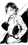  1girl dated epee fencing fencing_suit gloves hair_bun helmet holding holding_helmet long_sleeves monochrome original parted_lips signature solo sword tsurime two-tone_background weapon werkbau 