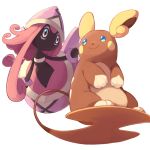  alolan_form alolan_raichu blue_eyes chorefuji closed_mouth eye_contact gen_7_pokemon legendary_pokemon long_hair looking_at_another looking_back no_humans pink_hair pokemon pokemon_(creature) smile tapu_lele white_background 