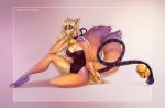  2020 anthro bell big_breasts blonde_hair breasts canid canine cleavage clothed clothing collar digital_media_(artwork) eyebrows eyelashes female fingers fox hair leotard mammal multi_tail simple_background solo tight_clothing toes yasmil 