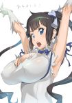  1girl arms_up black_hair blue_eyes blue_ribbon breasts cleavage_cutout commentary_request covered_nipples dress dungeon_ni_deai_wo_motomeru_no_wa_machigatteiru_darou_ka gloves hestia_(danmachi) highres huge_breasts kotoyoshi_yumisuke long_hair looking_at_viewer rei_no_himo ribbon simple_background solo translation_request twintails upper_body white_background white_dress white_gloves 