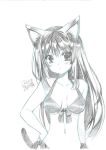  1girl :&lt; animal_ears bangs bikini blush breasts cat_ears cat_girl cat_tail commentary_request copyright_request dated eyebrows_visible_through_hair graphite_(medium) greyscale hair_between_eyes hand_on_hip long_hair looking_at_viewer mechanical_pencil medium_breasts monochrome pencil ryuuga_shou signature simple_background solo swimsuit tail traditional_media white_background 