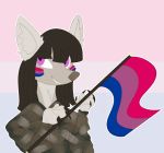  anthro bisexual_pride_colors bodypaint camo_topwear claws face_paint fur grey_body grey_fur hi_res hime_cut holding_flag holding_object lgbt_pride looking_away luckylacrimosa male matija pride_colors purple_eyes smile solo 