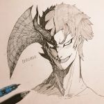  1boy clenched_teeth collarbone cross_goli crying devilman devilman_crybaby dual_persona english_text face fudou_akira greyscale hatching_(texture) head_wings highres horns male_focus monochrome pencil photo sharp_teeth single_horn sketch smile solo teeth traditional_media upper_body wings 