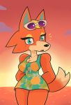  absurd_res animal_crossing anthro audie_(animal_crossing) black_nose black_pupils breasts canid canine canis clothed clothing emanata eyewear female fur hands_behind_back hi_res mammal multicolored_clothing mythrica nintendo orange_body orange_ears orange_fur outside solo video_games wolf 