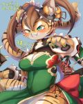  2020 anthro asian_clothing black_clothing black_pawpads black_stripes blue_background blush bow breasts brown_body brown_fur chinese_clothing claws cleavage clothed clothing dipstick_ears east_asian_clothing felid female flyer_(pixiv) full_bokko_heroes_x fullbokko_heroes fur green_claws green_clothing green_eyes hair hi_res inner_ear_fluff japanese_text kemono mammal multicolored_body multicolored_clothing multicolored_ears multicolored_fur pantherine pawpads red_clothing simple_background solo striped_body striped_fur striped_tail stripes teeth text tiger translation_request tuft yellow_body yellow_fur 