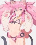  1girl bikini blue_eyes breasts cat_tail covered_nipples eyebrows_visible_through_hair gloves grey_background hair_between_eyes highres long_hair looking_at_viewer navel paw_gloves paws pink_bikini pink_hair presea_combatir simple_background small_breasts solo swimsuit tail tales_of_(series) tales_of_symphonia tenako_(mugu77) twintails 