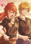  1boy 1girl ;d belt belt_buckle black_shirt blonde_hair breasts buckle eyebrows_visible_through_hair forehead_protector green_eyes heart hetero jaune_arc jewelry long_hair looking_at_viewer medium_breasts moai_(moai_world) necklace one_eye_closed open_mouth pendant ponytail print_shirt pyrrha_nikos red_hair rwby shirt short_hair smile 