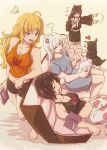  4girls =3 anger_vein black_hair black_shorts black_tank_top blake_belladonna blonde_hair blue_eyes book bow closed_eyes dog drooling hair_bow hand_wave heart japanese_clothes kimono kimono_skirt long_hair moai_(moai_world) multicolored_hair multiple_girls nightgown nose_bubble open_mouth pajamas purple_eyes red_hair ruby_rose rwby scar scar_across_eye shooing short_hair shorts sleeping sleepwear tank_top two-tone_hair wavy_hair weiss_schnee welsh_corgi white_hair yang_xiao_long yellow_eyes yellow_tank_top zwei_(rwby) 