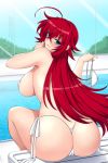  1girl ahoge ass bikini blue_eyes breasts commentary from_behind high_school_dxd huge_ahoge large_breasts lindaroze long_hair looking_at_viewer looking_back parted_lips pool poolside red_hair rias_gremory side-tie_bikini sitting smile solo sunlight swimsuit thighs white_bikini 