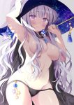  1girl arm_up armpits black_panties breasts cape cleavage cowboy_shot groin hair_censor hat holding hoshino_koucha large_breasts lavender_hair long_hair looking_at_viewer navel original panties purple_eyes solo standing star_(symbol) stomach thighs topless underwear very_long_hair wand wavy_hair witch witch_hat 