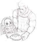  1boy 1girl apron book eumme_tongtong_gu-i food highres holding holding_book invincible_dragon last_origin manual mittens model_kit omelet omurice spoon sweatdrop table traditional_media younger 