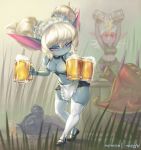  alcohol beer beverage big_breasts blonde_hair blue_body blush bottomwear breasts butt cleavage clothed clothing drinking exposed_butt female grass group hair hat headgear headwear humanoid league_of_legends legwear lulu_(lol) lying maid_uniform mayhem_(artist) miniskirt not_furry pink_eyes poppy_(lol) purple_body riot_games short_stack skimpy skirt solo_focus standing thigh_highs tristana_(lol) unconscious uniform veigar video_games white_hair wide_hips yordle 