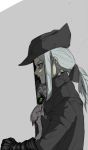  1girl black_coat black_gloves black_headwear blood bloodborne bloody_clothes coat cross_goli gloves green_eyes grey_background grey_hair had hatching_(texture) highres lady_maria_of_the_astral_clocktower long_hair parted_lips profile simple_background sketch smile solo tied_hair upper_body 