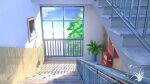  artist_name chinese_commentary cloud commentary_request day flower_pot no_humans original painting plant railing scenery shade sign sky stairs sunlight window xingzhi_lv 