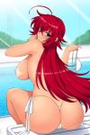  1girl ahoge ass bikini blue_eyes breasts commentary from_behind high_school_dxd huge_ahoge large_breasts lindaroze long_hair looking_at_viewer looking_back parted_lips pool poolside red_hair rias_gremory side-tie_bikini sitting smile solo sunlight swimsuit tan tanline thighs white_bikini 
