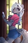  2020 anthro bottomwear breasts butt_pose cellphone clothing collar crepuscular_rays felid female hi_res inside mammal midriff pantherine phone pose shirt shorts smartphone snow_leopard solo topwear torn_clothing yakovlev-vad 