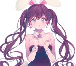  1girl animal_ears antay6oo9 blue_eyes breasts brown_hair bunny_ears bunny_tail bunnysuit cleavage detached_collar earrings eyebrows_visible_through_hair heart heart_earrings highres jewelry medium_breasts open_mouth original tail twintails wavy_hair white_background wrist_cuffs 