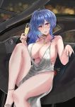  1girl azur_lane backless_dress backless_outfit bangs bare_shoulders blue_hair blue_nails blush bracelet breasts car car_interior champagne_flute cleavage cup dress drinking_glass earrings evening_gown grey_dress ground_vehicle hair_between_eyes hair_ornament hairclip halter_dress high_heels highres holding holding_cup jewelry large_breasts loli_hooker looking_at_viewer mclaren_p1 motor_vehicle nail_polish necklace parted_lips plunging_neckline revealing_clothes side_ponytail sidelocks silver_dress silver_footwear st._louis_(azur_lane) st._louis_(luxurious_wheels)_(azur_lane) thighs 