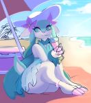  anthro beach beach_towel beach_umbrella beverage clothed clothing cooler digital_media_(artwork) dress eyelashes fak&eacute;mon faunazon female flower green_eyes hat headgear headwear hi_res nintendo painting_(artwork) patohoro plant pok&eacute;mon pok&eacute;mon_(species) sand seaside sitting sky solo traditional_media_(artwork) video_games 