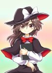  aki_chimaki book brown_hair capelet fedora hat highres holding holding_book red_neckwear solo solo_focus touhou usami_renko 