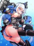  1girl black_gloves blue_eyes breasts doyouwantto elbow_gloves frame_arms_girl from_below gloves holding holding_weapon large_breasts long_hair mecha_musume panties shiny shiny_hair shiny_skin solo striped striped_panties stylet tearing_up thick_thighs thighhighs thighs underwear weapon white_hair 