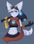  2020 absurd_res anthro blue_eyes breasts clothing ear_piercing female hi_res lombax looking_at_viewer mammal navel piercing prosthetic prosthetic_arm prosthetic_limb ratchet_and_clank rift_apart_lombax skyversa solo underwear video_games 
