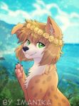  4_toes canid canine canis day detailed_background domestic_dog eyelashes female feral green_eyes imanika mammal outside pawpads pink_pawpads sky smile solo toes 