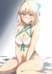  1girl ahoge aqua_bow bangs bare_shoulders bikini blonde_hair blush bow breasts choker cleavage closed_mouth collarbone fate/grand_order fate_(series) grey_eyes hair_bow hera_(hara0742) highleg highleg_bikini highres large_breasts looking_at_viewer navel okita_souji_(fate)_(all) okita_souji_(swimsuit_assassin)_(fate) sitting smile swimsuit thighs wariza white_bikini 