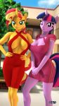  3d_(artwork) 9:16 anthro anthrofied anthroponiessfm big_breasts breasts cleavage clothed clothing digital_media_(artwork) dress duo equestria_girls equid equine female friendship_is_magic hand_on_hip hi_res horn mammal my_little_pony outside sunset_shimmer_(eg) tree twilight_sparkle_(mlp) unicorn 