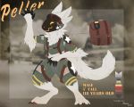  4_ears 5:4 anthro arm_tuft backpack elbow_tufts front_view gesture gloves_(marking) harness hi_res machine male markings model_sheet mowshi multi_ear neck_tuft paws peller_(mowshi) protogen radio reference_image smile solo star_(marking) text tuft waving 