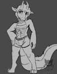  2020 absurd_res anthro batartcave belly_scales clothed clothing dragon erection fur genitals grey_background hand_on_hip hi_res horn male monochrome penis pose scales simple_background solo standing text url wingless_dragon 