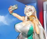  1girl anastasia_(fate/grand_order) aqua_swimsuit bangs bare_shoulders bead_bracelet beads blue_eyes blue_sky bracelet breasts cellphone cleavage fate/grand_order fate_(series) food hair_over_one_eye hairband hamburger highres huge_breasts jewelry long_hair melon22 open_mouth outstretched_arm phone sky smile swimsuit towel two-tone_swimsuit white_swimsuit 