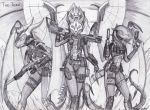  ambiguous_gender anthro armor azural_cobaltros belt canid canine canis damian_sinclaire_morningstar dragon dual_wielding futuristic_gun group gun handgun headgear helmet holding_object holding_weapon ishai mammal mark_the_dragon membrane_(anatomy) membranous_wings pistol ranged_weapon utility_belt weapon wings wolf 