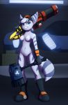  anthro blue_body blue_eyes blue_fur breasts clothing ear_piercing eyewear female fur genitals gloves goggles goggles_on_head hammer handwear hi_res lombax looking_at_viewer mammal navel nipples piercing prosthetic prosthetic_arm prosthetic_limb pussy ranged_weapon ratchet_and_clank remarkably_average rift_apart_lombax solo stripes tools video_games weapon weapon_on_shoulder 