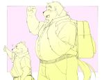  2020 anthro belly blush bottomwear canid canine canis clothing domestic_dog duo humanoid_hands inunoshippo kemono male mammal overweight overweight_male pants procyonid raccoon simple_background 