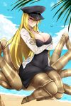  1girl arachne beach black_dress blonde_hair blue_sky breasts cleavage closed_mouth crossed_arms dress english_commentary extra_eyes extra_legs hair_between_eyes insect_girl jacket large_breasts lindaroze long_hair long_legs_breed_(monster_musume) monster_girl monster_musume_no_iru_nichijou sand sidelocks sky solo spider_girl strapless strapless_dress water watermark web_address white_jacket 