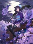  1girl black_hair cherry_blossoms cloud cloudy_sky commentary_request eyebrows_visible_through_hair floral_print hair_ornament highres hitodama horns japanese_clothes kimono looking_at_viewer medium_hair moon night original over_shoulder purple_eyes sandals sash short_kimono sitting skull sky smile solo sword thighhighs wasabi60 weapon weapon_over_shoulder 