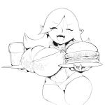  1:1 beverage big_breasts breasts burger camel_toe cleavage clothed clothing dart_(thecon) female food goblin hi_res hooters huge_breasts humanoid monochrome not_furry open_mouth open_smile simple_background smile solo thecon white_background wide_hips 