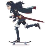  1girl bangs blue_gloves blue_hair cape commentary contemporary english_commentary falchion_(fire_emblem) fingerless_gloves fire_emblem fire_emblem_awakening from_side full_body gloves hair_between_eyes jestami leg_up long_hair lucina_(fire_emblem) sheath sheathed shoes signature simple_background skateboard skateboarding smile sneakers solo sword tiara weapon white_background 