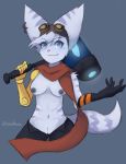  2020 absurd_res anthro blue_eyes breasts clothing ear_piercing female genitals hi_res lombax looking_at_viewer mammal nipples piercing prosthetic prosthetic_arm prosthetic_limb pussy ratchet_and_clank rift_apart_lombax skyversa solo video_games 