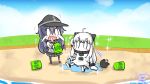  2girls ahoge akatsuki_(kantai_collection) anchor_symbol artist_name bangs black_legwear blush bucket chibi cloud commentary_request doubutsu_no_mori hair_between_eyes hat holding holding_bucket kantai_collection lawn long_hair long_sleeves looking_at_viewer multiple_girls northern_ocean_hime nyonyonba_tarou open_mouth outdoors purple_hair repair_bucket school_uniform shinkaisei-kan sitting_on_water skirt sky standing striped water 