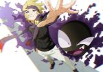  1boy absurdres blonde_hair commentary_request film_grain gastly gen_1_pokemon ghost gym_leader hand_in_pocket headband highres huge_filesize long_sleeves looking_at_viewer matsuba_(pokemon) outstretched_arm pants perspective pokemon pokemon_(creature) pokemon_(game) pokemon_hgss purple_eyes purple_headband purple_scarf scarf short_hair smile spread_fingers standing tamaru_(user_nkxd4384) teeth white_background white_pants 